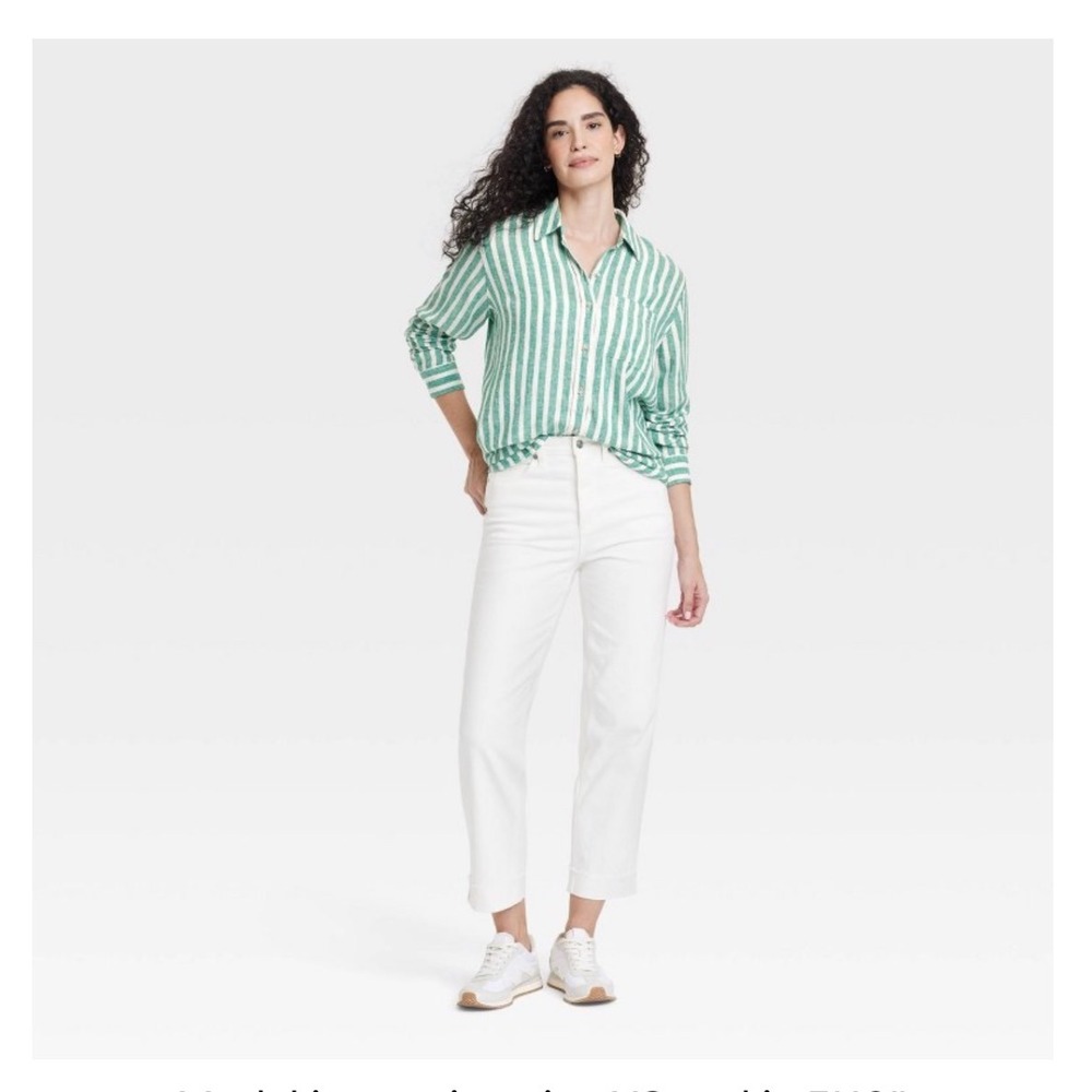 Universal Thread Green and White Striped Button-Down Shirt
